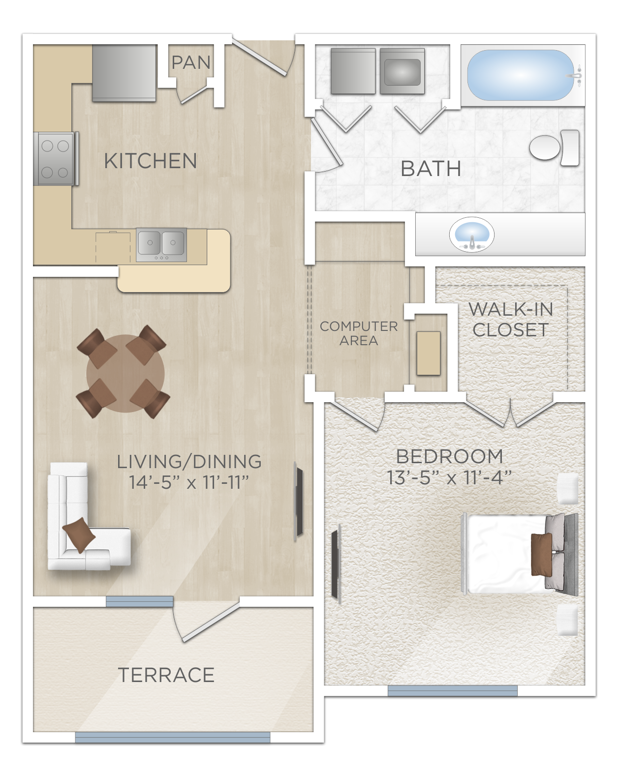 Floor plan for 1 bed, 1 bath, 645 sqft